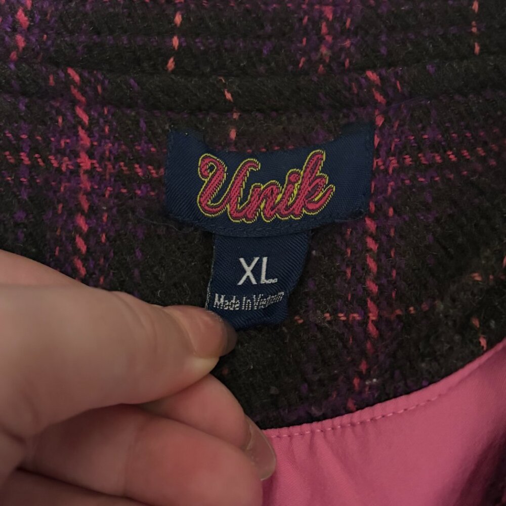 Unik Women’s Pink Brown Plaid Peacoat Jacket Size XL Double Breasted Lined Coat - Picture 4 of 6